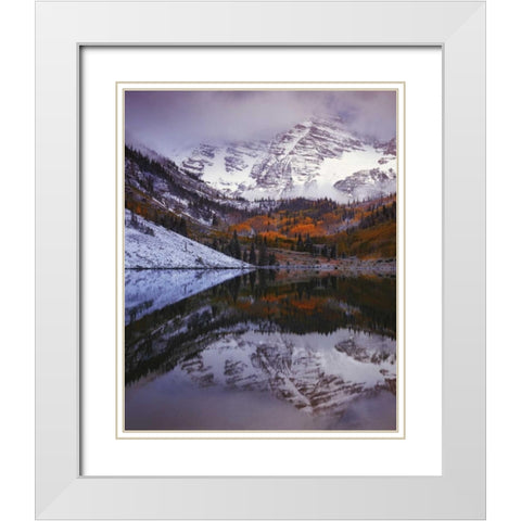 CO, Maroon Bells from Maroon Lake White Modern Wood Framed Art Print with Double Matting by Flaherty, Dennis