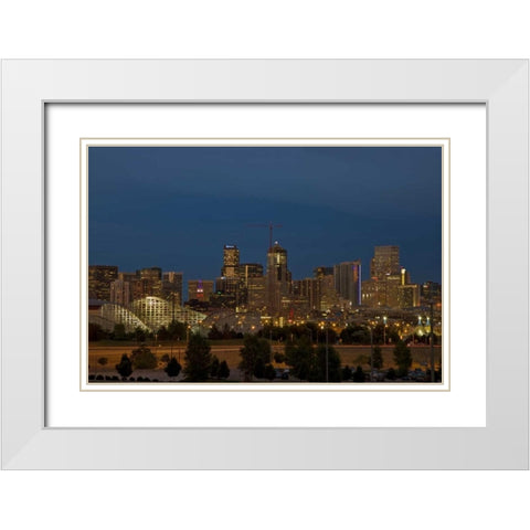 USA, Colorado, Denver Skyline at dusk White Modern Wood Framed Art Print with Double Matting by Grall, Don