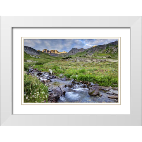 CO, Sunrise on stream in American Basin White Modern Wood Framed Art Print with Double Matting by Flaherty, Dennis
