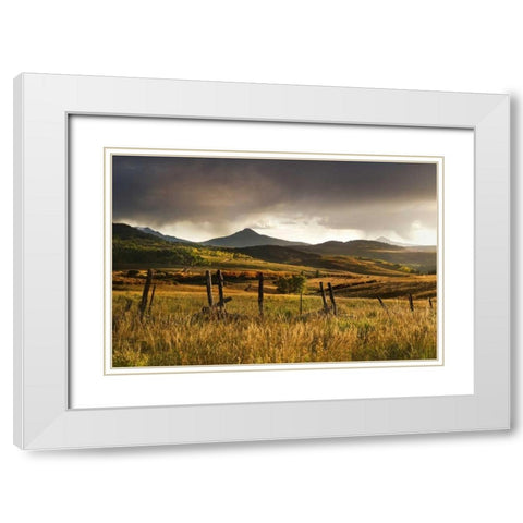 CO, San Juan Mts Landscape and fence at sunset White Modern Wood Framed Art Print with Double Matting by Bush, Marie