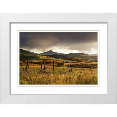 CO, San Juan Mts Landscape and fence at sunset White Modern Wood Framed Art Print with Double Matting by Bush, Marie