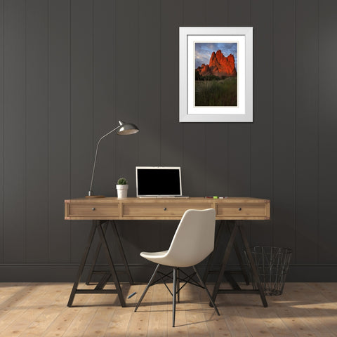 CO, Colorado Springs Sunrise on sandstone cliff White Modern Wood Framed Art Print with Double Matting by Grall, Don