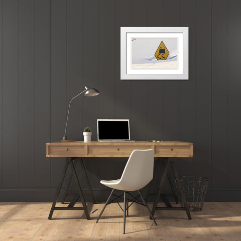 Colorado A slippery when wet sign buried in snow White Modern Wood Framed Art Print with Double Matting by Grall, Don