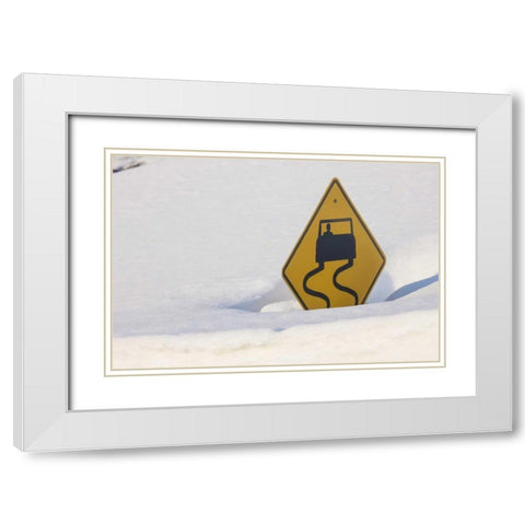 Colorado A slippery when wet sign buried in snow White Modern Wood Framed Art Print with Double Matting by Grall, Don