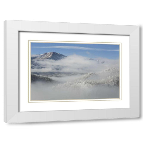 CO, Clouds fill the valleys below Pikes Peak White Modern Wood Framed Art Print with Double Matting by Grall, Don