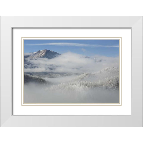 CO, Clouds fill the valleys below Pikes Peak White Modern Wood Framed Art Print with Double Matting by Grall, Don