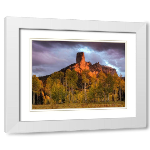 Colorado-San Juan Mountains Chimney Rock formation and aspens at sunset  White Modern Wood Framed Art Print with Double Matting by Jaynes Gallery