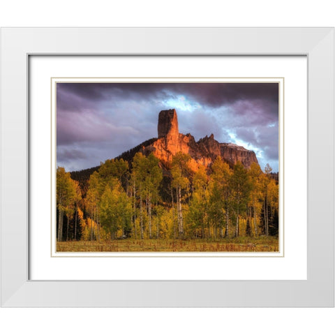 Colorado-San Juan Mountains Chimney Rock formation and aspens at sunset  White Modern Wood Framed Art Print with Double Matting by Jaynes Gallery