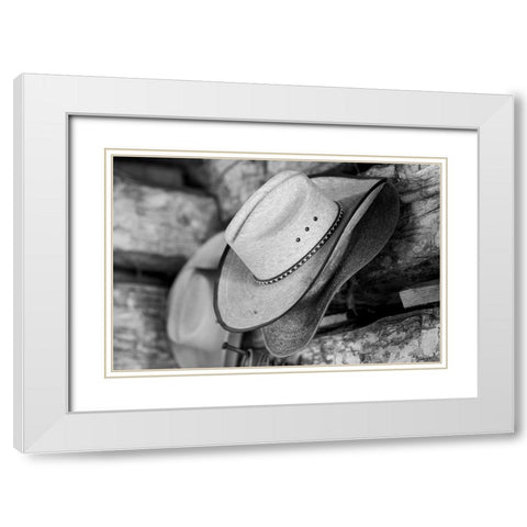 USA-Colorado-Westcliffe Music Meadows Ranch Tack room-cowboy hat detail White Modern Wood Framed Art Print with Double Matting by Hopkins, Cindy Miller