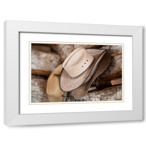 USA-Colorado-Westcliffe Music Meadows Ranch Tack room-cowboy hat detail White Modern Wood Framed Art Print with Double Matting by Hopkins, Cindy Miller