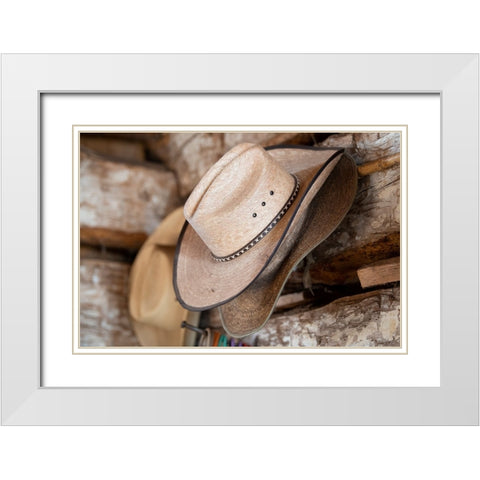 USA-Colorado-Westcliffe Music Meadows Ranch Tack room-cowboy hat detail White Modern Wood Framed Art Print with Double Matting by Hopkins, Cindy Miller