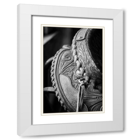 USA-Colorado-Custer County-Westcliffe-Music Meadows Ranch Tack room Tooled leather western saddle White Modern Wood Framed Art Print with Double Matting by Hopkins, Cindy Miller