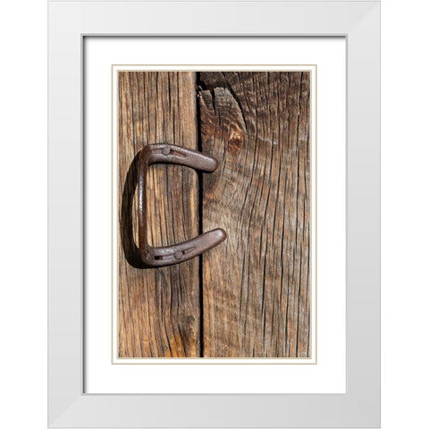 USA-Colorado-Westcliffe Old wooden barn wall with bent horseshoe handle White Modern Wood Framed Art Print with Double Matting by Hopkins, Cindy Miller