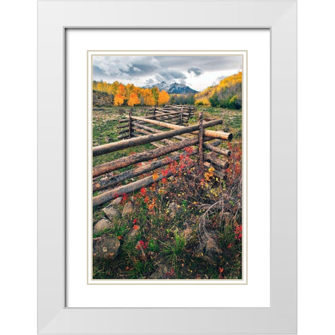 A log fence leads to the horizon on Dallas divide near Telluride in the Colorado Rocky Mountains White Modern Wood Framed Art Print with Double Matting by SMO