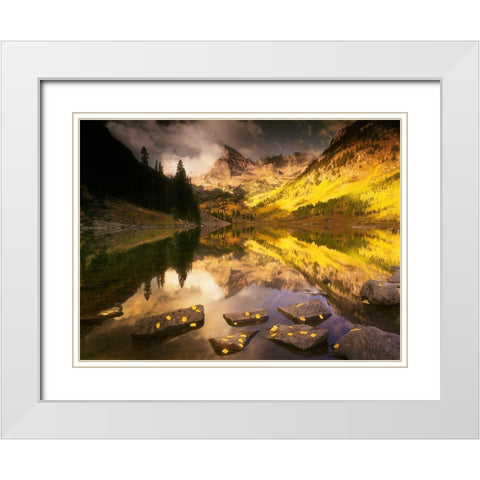 Maroon bells near Aspen Colorado in full Fall blazing yellow color White Modern Wood Framed Art Print with Double Matting by SMO