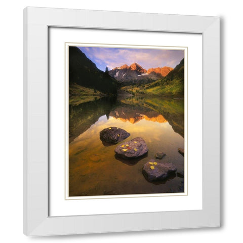 Aspen leaves signify the end of Fall and the beginning of winter at the maroon bells White Modern Wood Framed Art Print with Double Matting by SMO