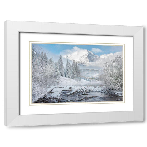 Winter comes to the maroon bells near Aspen Colorado in the Rocky Mountains White Modern Wood Framed Art Print with Double Matting by SMO