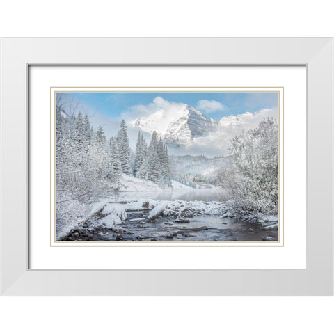 Winter comes to the maroon bells near Aspen Colorado in the Rocky Mountains White Modern Wood Framed Art Print with Double Matting by SMO