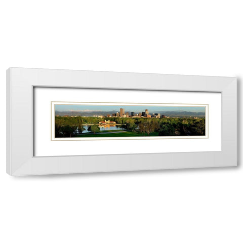 Denver skyline glistens in front of the Rocky Mountains White Modern Wood Framed Art Print with Double Matting by SMO