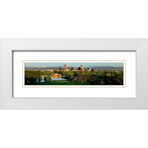 Denver skyline glistens in front of the Rocky Mountains White Modern Wood Framed Art Print with Double Matting by SMO