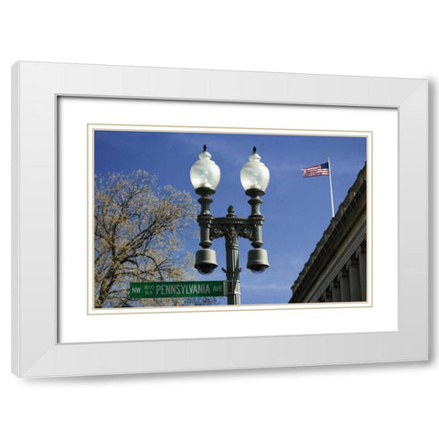 Washington DC, Historic street sign and lamp White Modern Wood Framed Art Print with Double Matting by Flaherty, Dennis