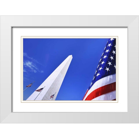 Washington DC, Washington Monument and US flag White Modern Wood Framed Art Print with Double Matting by Flaherty, Dennis