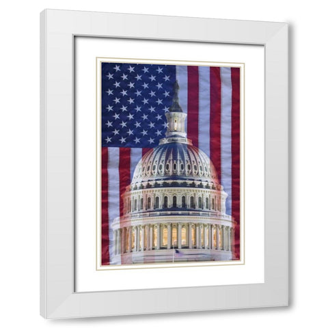 Washington, DC US flag and US Capitol building White Modern Wood Framed Art Print with Double Matting by Flaherty, Dennis