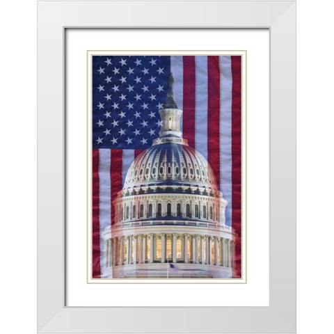 Washington, DC US flag and US Capitol building White Modern Wood Framed Art Print with Double Matting by Flaherty, Dennis