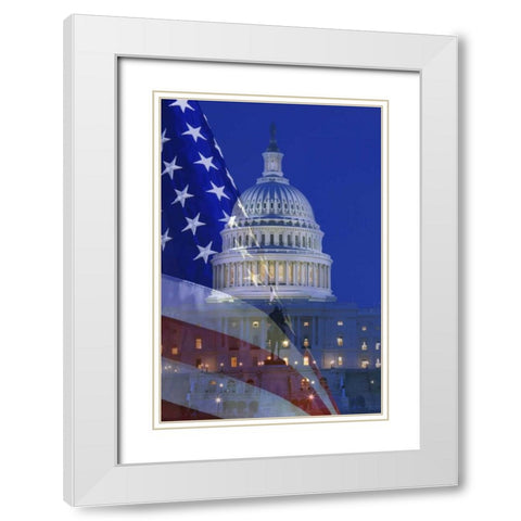 Washington, DC US flag and US Capitol building White Modern Wood Framed Art Print with Double Matting by Flaherty, Dennis