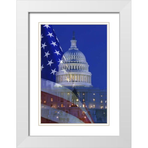 Washington, DC US flag and US Capitol building White Modern Wood Framed Art Print with Double Matting by Flaherty, Dennis