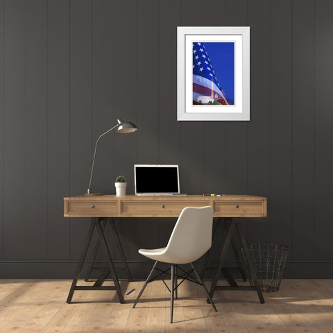 Washington DC, American flag superimposed White Modern Wood Framed Art Print with Double Matting by Flaherty, Dennis