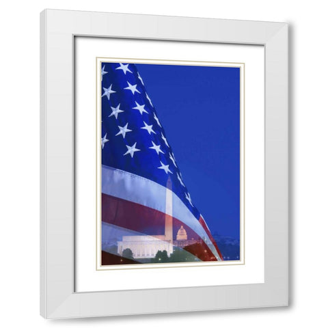 Washington DC, American flag superimposed White Modern Wood Framed Art Print with Double Matting by Flaherty, Dennis