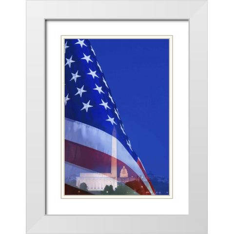 Washington DC, American flag superimposed White Modern Wood Framed Art Print with Double Matting by Flaherty, Dennis