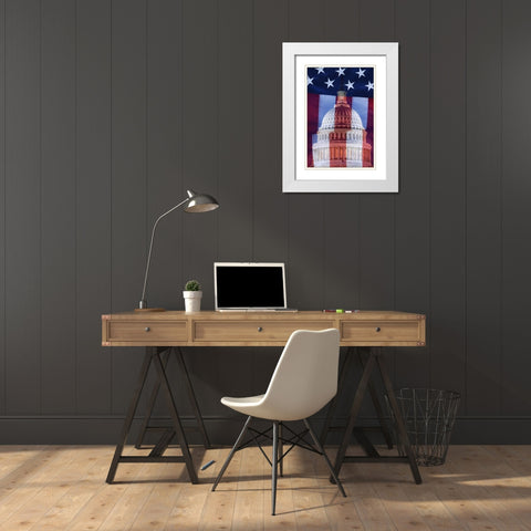 Washington, DC US flag and US Capitol building White Modern Wood Framed Art Print with Double Matting by Flaherty, Dennis
