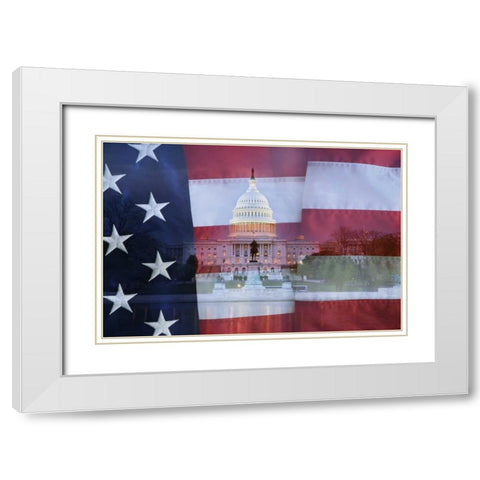 Washington DC, US flag over US Capitol buildings White Modern Wood Framed Art Print with Double Matting by Flaherty, Dennis