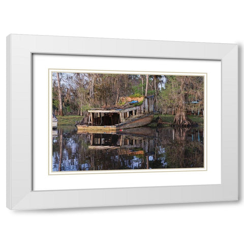 Early spring view of old abandoned boat-blackwater area of St Johns River-central Florida White Modern Wood Framed Art Print with Double Matting by Jones, Adam