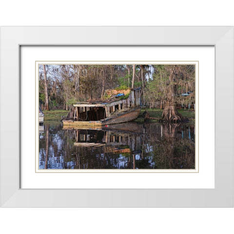 Early spring view of old abandoned boat-blackwater area of St Johns River-central Florida White Modern Wood Framed Art Print with Double Matting by Jones, Adam