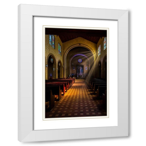Golden light of sunrays coming into the stained glass windows of St Leos Abbey in Florida White Modern Wood Framed Art Print with Double Matting by Haddad, Sheila