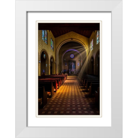 Golden light of sunrays coming into the stained glass windows of St Leos Abbey in Florida White Modern Wood Framed Art Print with Double Matting by Haddad, Sheila