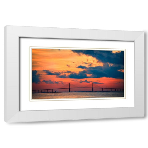 The Skyway Bridge over the Gulf of Mexico with the reds and oranges of the sunrise in the sky White Modern Wood Framed Art Print with Double Matting by Haddad, Sheila
