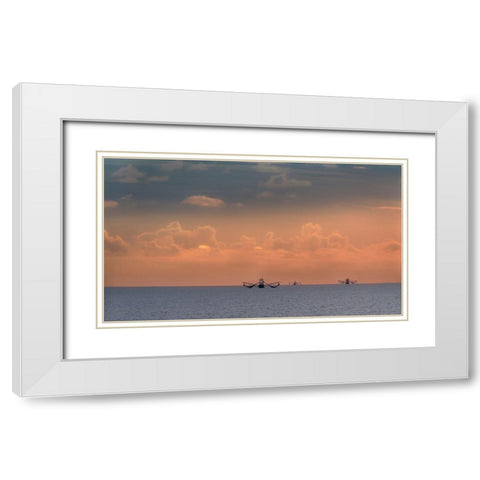 Fishing boats deep out to sea against the backdrop of dramatic sunset clouds and sky White Modern Wood Framed Art Print with Double Matting by Haddad, Sheila
