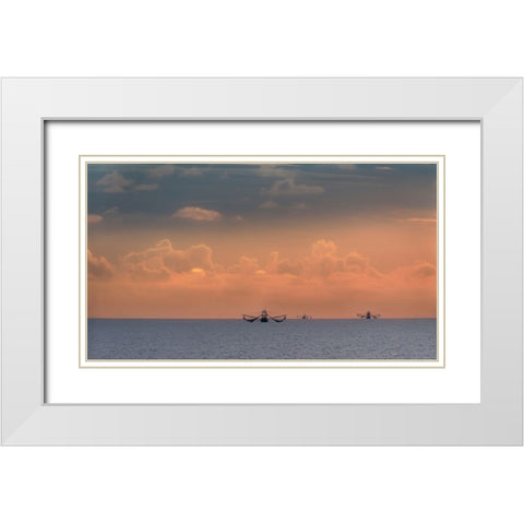 Fishing boats deep out to sea against the backdrop of dramatic sunset clouds and sky White Modern Wood Framed Art Print with Double Matting by Haddad, Sheila