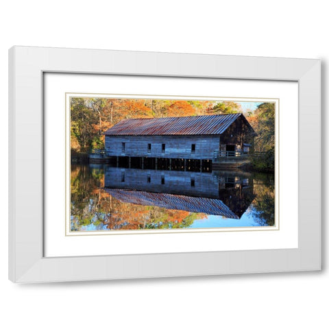 Georgia-Covered bridge and grist mill in the fall White Modern Wood Framed Art Print with Double Matting by Wells, Joanne