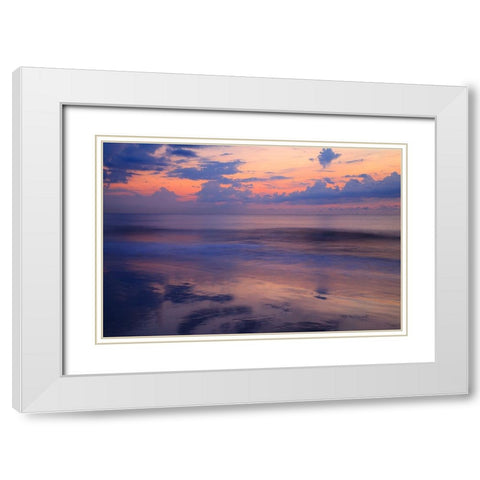 USA- Georgia- Tybee Island. Sunrise with clouds and reflections along the coast. White Modern Wood Framed Art Print with Double Matting by Wells, Joanne