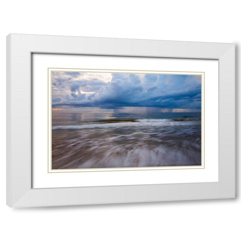 USA- Georgia- Tybee Island. Sunrise with clouds and reflections along the coast. White Modern Wood Framed Art Print with Double Matting by Wells, Joanne