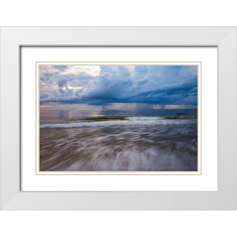 USA- Georgia- Tybee Island. Sunrise with clouds and reflections along the coast. White Modern Wood Framed Art Print with Double Matting by Wells, Joanne