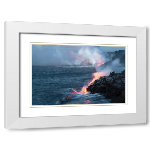 HI, Kilauea Hot Lava flowing into the ocean White Modern Wood Framed Art Print with Double Matting by Illg, Cathy and Gordon