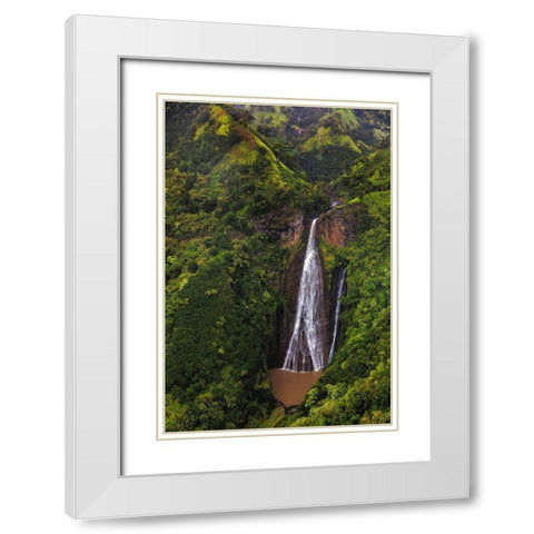 Lush Inland waterfalls during helicopter tour in Kauai-Hawaii-USA White Modern Wood Framed Art Print with Double Matting by Haney, Chuck