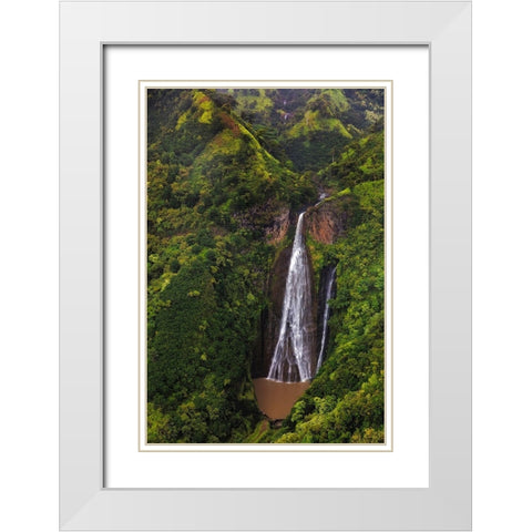 Lush Inland waterfalls during helicopter tour in Kauai-Hawaii-USA White Modern Wood Framed Art Print with Double Matting by Haney, Chuck