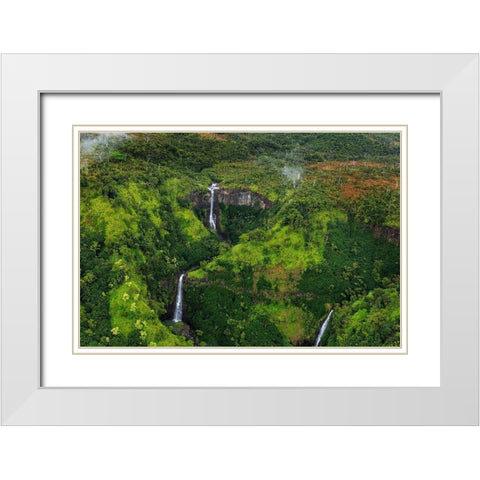 Lush Inland waterfalls during helicopter tour in Kauai-Hawaii-USA White Modern Wood Framed Art Print with Double Matting by Haney, Chuck